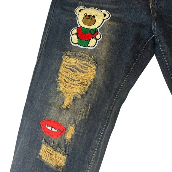 Distressed Slim Straight Jeans denim Patch Ripped Size 38 Lips Bear  Soft  jeans - Picture 2 of 10